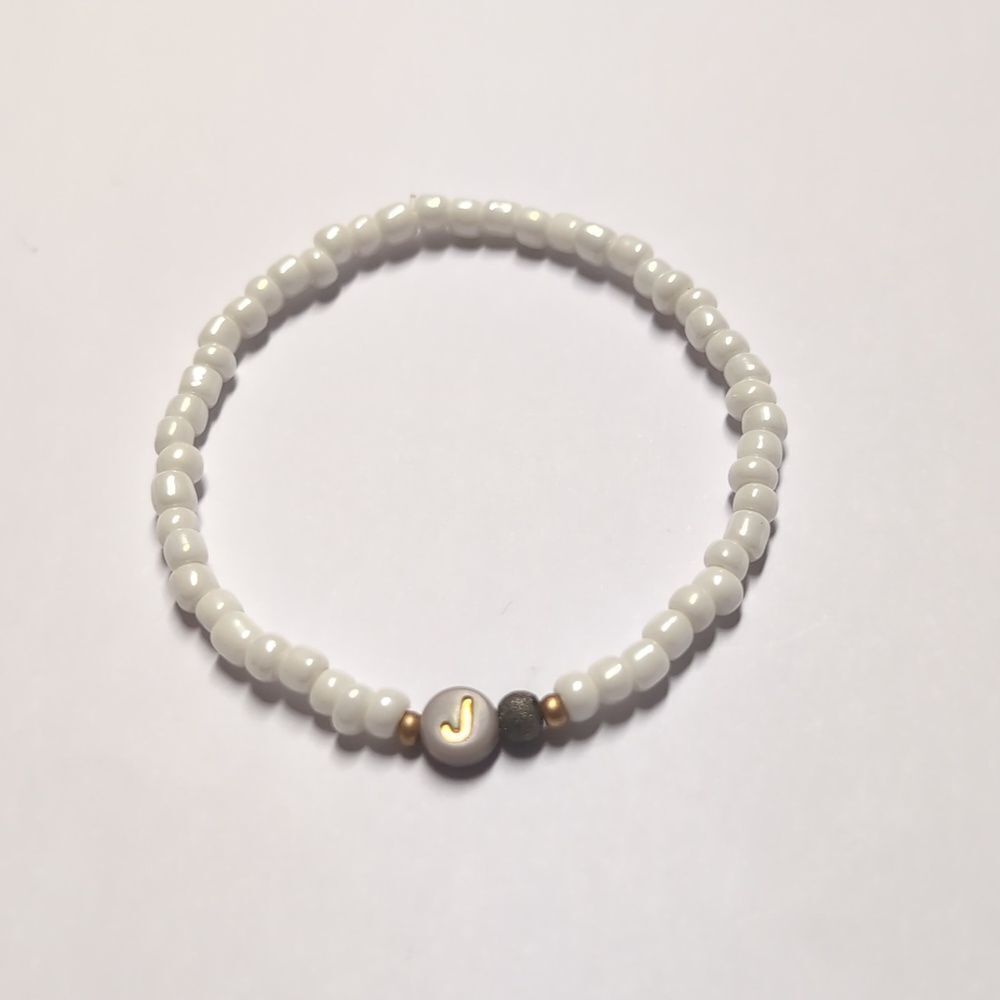 115 White Gold Lava Rock and‎ Gold J Beaded Stretch Bracelet